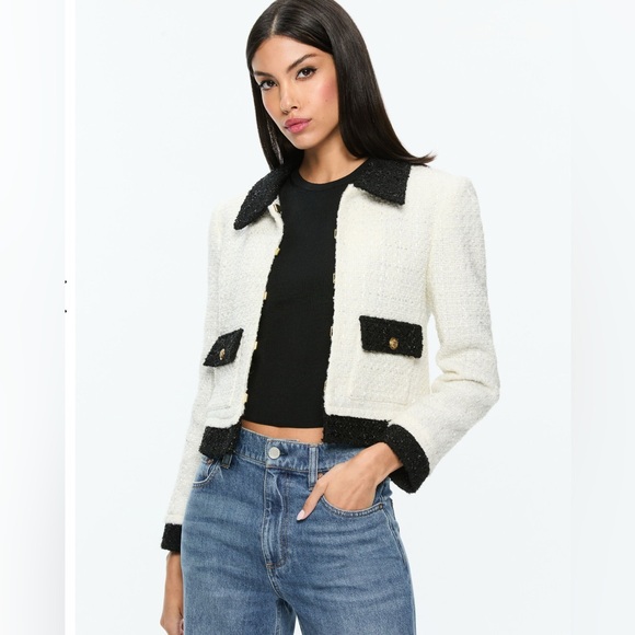 Alice + Olivia Tophus Textured Blazer, Black, Cream - Picture 1 of 9